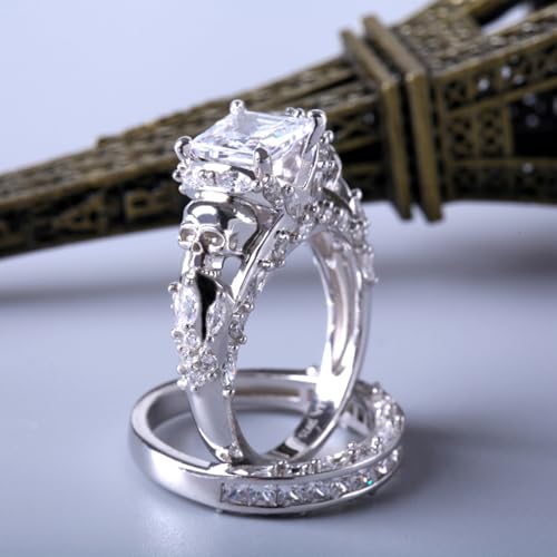 Jeulia Skull Engagement Ring Sets Sterling Silver Promise Eternity Band Rings Diamond Princess Cut with Cubic Zirconia Wedding Engagement Anniversary Promise Rings Bridal Sets (9.5(U.S))