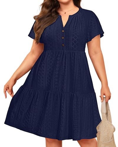 Talisea Navy Blue Dress for Women Plus Size Eyelet Summer Casual Beach Work Short Sleeve Ruffle Tiered Button Flowy Sundress