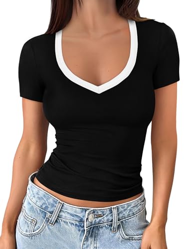Sampeel Shirts for Women Trendy V Neck Ladies Tops and Blouses Office Work Shirts Summer Outfits Slim Fit Tight Black Tshirts M