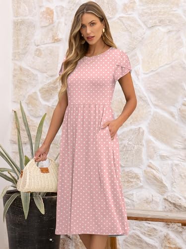 ANRABESS Women's Summer Short Sleeve A-Line Midi Dresses Casual Floral T-Shirt Dresses Flowy Beach Sundress with Pockets Pink Round Dot Large