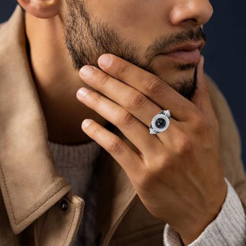 QKABTI Men's 925 Sterling Silver Greek Key Lion Ring, Black Onyx Regal Statement Band for Men Size 11