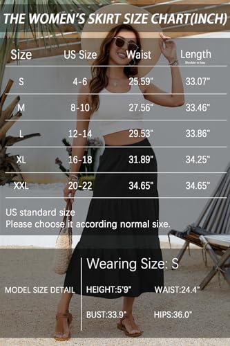 YSYOKOW Women's Boho Maxi Skirt with Pockets - Elastic High Waist Flowy Tiered A-Line Long Skirts for Summer Vacation 2026(Black, Large)