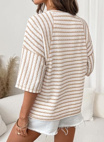 Dokotoo Spring Tops for Women 3/4 Sleeve Women's Clothing Boho Striped Crewneck Oversized Tshirts Dressy Casual Fashion Easter T Shirts Lightweight Pullover Comfy Basic Tees Blouses Apricot Medium