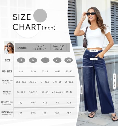 DLOODA Women's Wide Leg Jeans High Waisted Stretchy Denim Pants Elastic Waist Pull On Sweatpant Jeans Trendy Baggy Loose Dark Blue