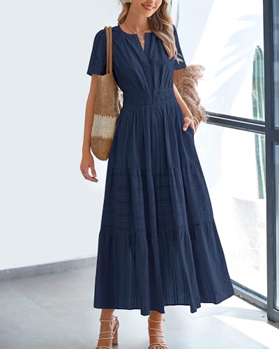 BTFBM Womens Summer 2026 Casual Midi Maxi Dresses Lightweight Short Sleeve V Neck Elastic Waist Boho Beach Dress Pockets(Navy, Medium)