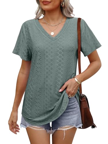 OFEEFAN Womens Tops Dressy Casual V Neck Short Sleeve Cute Plus Size T Shirts 2026 Spring Flowy Tees Summer Beach Vacation Outfits for Women Fashion Clothes Clothing Green 2XL