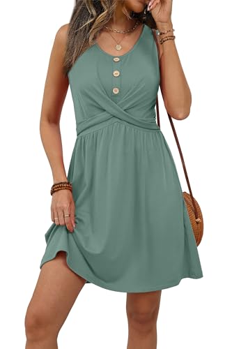 OFEEFAN Sundresses for Women Casual Dresses for Women Spring Babydoll Dress Button Down Cruise Outfits Classy Green M