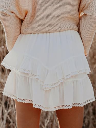 Aoudery Flowy Shorts for Women Casual Boho Ruffle Tiered Skorts High Waist Mini Skirts Golf Tennis Butterfly Crochet Shorts - A White M