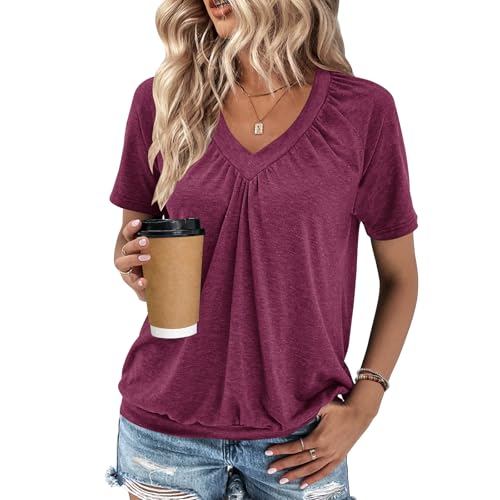 2 Pack Summer Tops for Women V Neck Shorts Sleeve Casual Ruched Tops Women T Shirts Clothes Trendy 2026