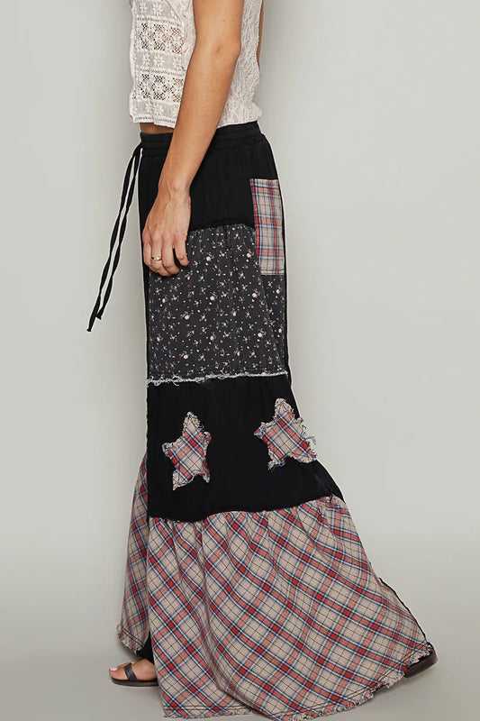 POL Drawstring Star Patch Contrast Wide Leg Pants