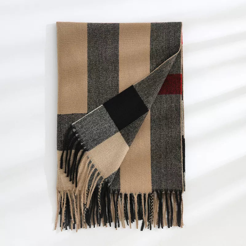 Plaid Tassel Scarf Black Camel One Size