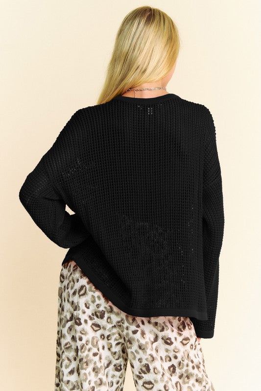 Back To School Sweater - Davi & Dani Star Front Crochet Drop Shoulder Knit Top
