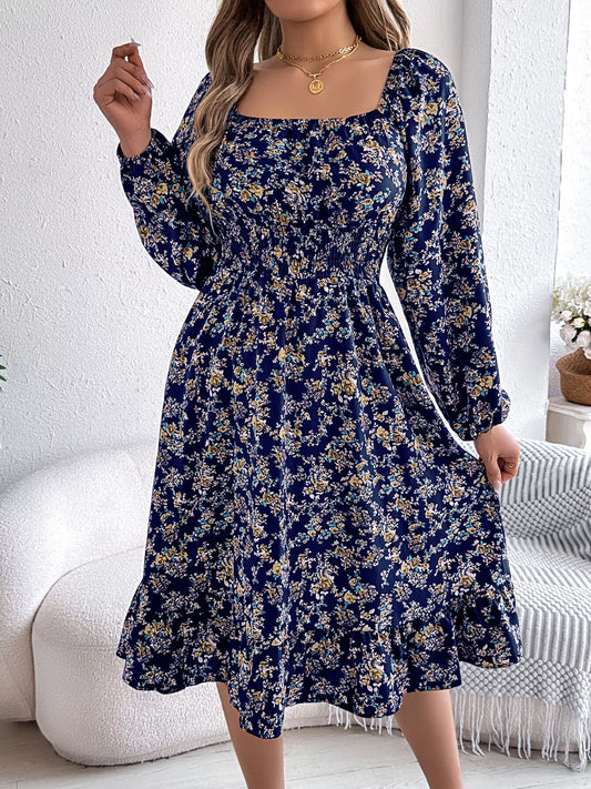 Floral Print Long Sleeve Square Neck Midi Dress