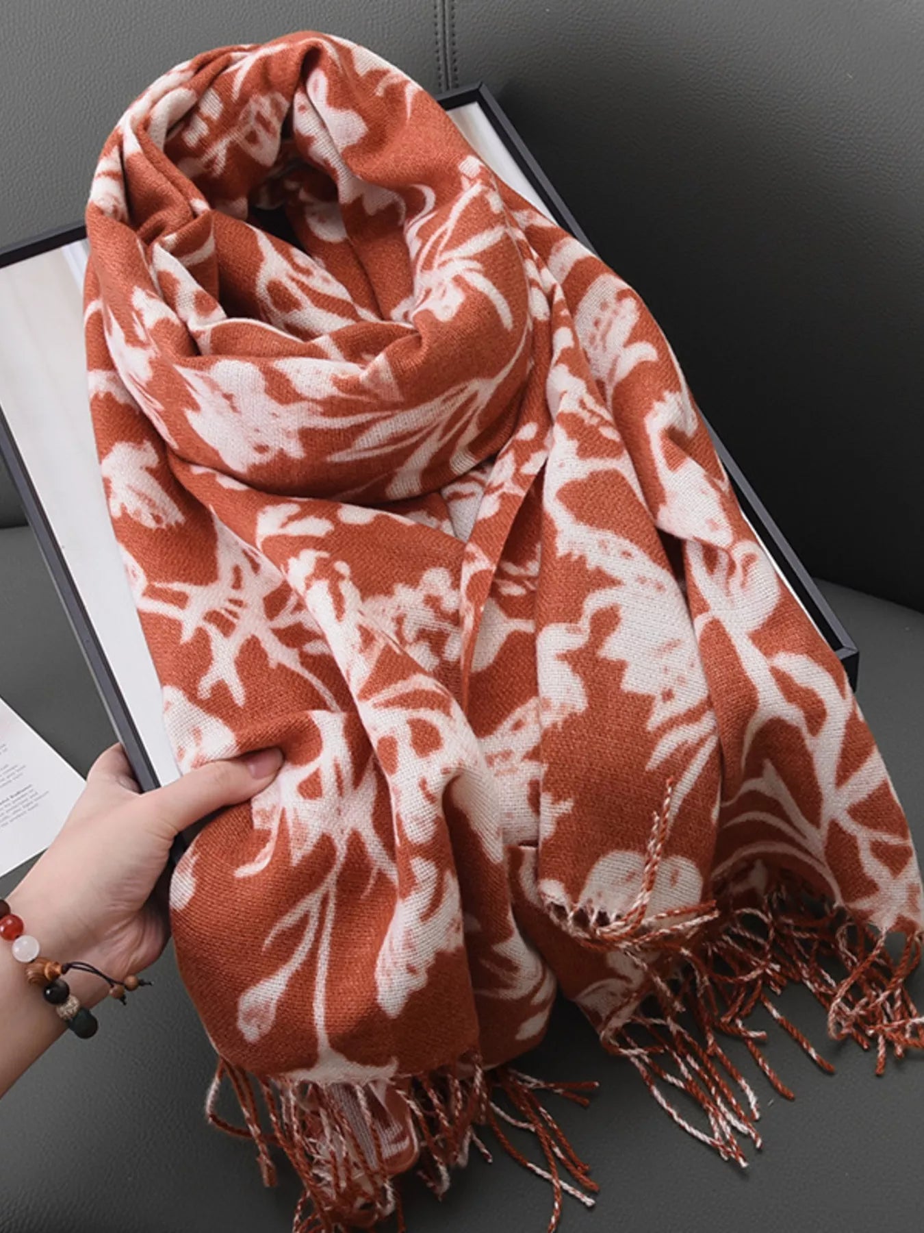 Floral Print Scarf with Fringe Detail