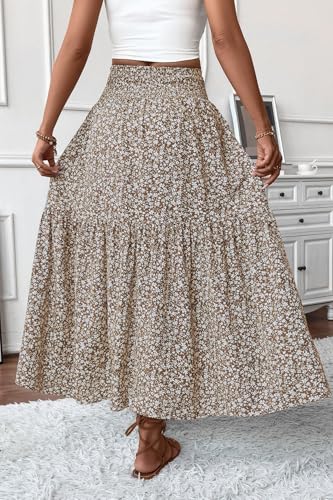 TuoGo Women's Smocked High Waist Maxi Long Skirt with Pockets (L,932-Khaki Floral)