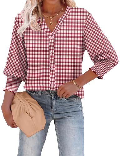 LOMON Tops for Women Trendy V Neck Button Down Shirts 3/4 Length Sleeve Plus Size Women Blouses Cotton Summer Tops Red Plaid XL