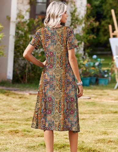 Zeagoo Women Summer Dress with Pocket Casual Short Sleeve Floral Midi A-Line Flowy Beach Vacation 2026 Tropical Boho Loose Henley V Neck