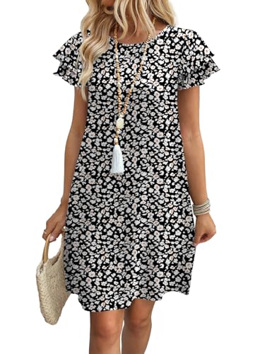 OFEEFAN Womens Summer Dresses 2026 Ruffle Sleeve Round Neck Loose Swing Sundresses with Pockets Plain/Print