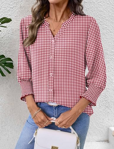 LOMON Tops for Women Trendy V Neck Button Down Shirts 3/4 Length Sleeve Plus Size Women Blouses Cotton Summer Tops Red Plaid XL