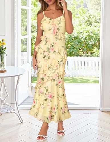 MEROKEETY Summer Floral Wedding Guest Maxi Dress Womens 2026 Spring Formal Bodycon Ruffle Spaghetti Strap Cocktail Long Dress, Yellow, X-Small
