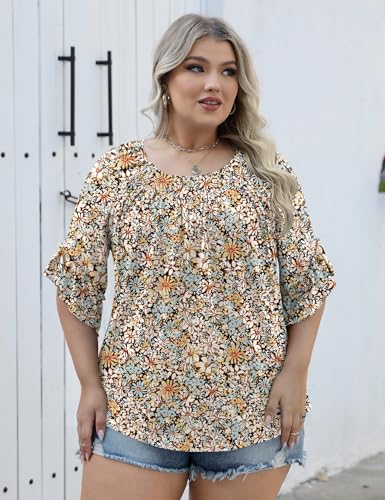 Women's Plus-Size Fashion 2025 Trendy Womens 3/4 Sleeve Tops and Blouses Ruffle Bell Sleeve Pleated Dressy Casual Tops