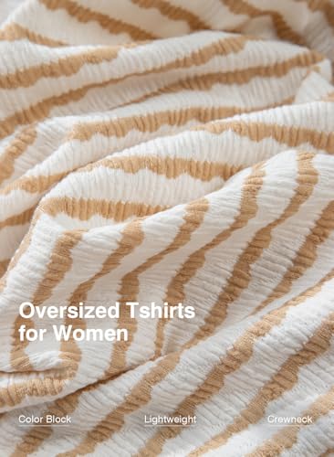 Dokotoo Spring Tops for Women 3/4 Sleeve Women's Clothing Boho Striped Crewneck Oversized Tshirts Dressy Casual Fashion Easter T Shirts Lightweight Pullover Comfy Basic Tees Blouses Apricot Medium