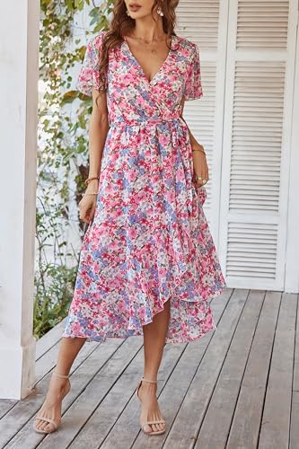 PRETTYGARDEN Women's Summer Floral Boho Dress Wrap V Neck Short Sleeve Ruffle A-Line Flowy Maxi Wedding Guest Dresses (Pink Floral,Large)