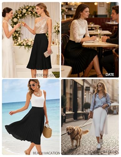 GRACE KARIN Women's Elegant High Waist Flared Pleated Swing Long Chiffon Skirt Black S