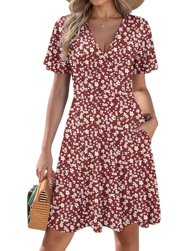 Zeago Dresses for Women 2026 V Neck Wrap Sun Dress Floral Summer Spring Beach Dress Casual A-Line Midi Sundress with Pockets