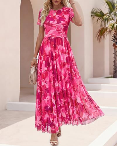 BTFBM Summer Dresses for Women 2026 Formal Short Sleeve Floral Homecoming Dress Maxi Wedding Guest Vacation Outfits(Floral Pink,Large)