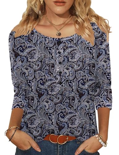 Zeagoo Womens Tops 3/4 Length Sleeve Top Seniors Business Casual Blouse Boho Print Crew Neck T-shirt Casual For Spring Spring Summer Basic Blouses Shirts