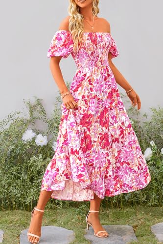 PRETTYGARDEN Women's Casual Summer Midi Dress Puffy Short Sleeve Square Neck Smocked Tiered Ruffle Dresses (Floral Rose Red,Large)