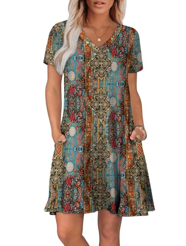 WIHOLL Summer Dresses for Women 2026 Casual Tshirts Dress with Pockets Beach Vacation Clothes Short Sleeves Flowy Sundress Loose Fit Vestidos Casuales para Mujer Spring Outfit Boho Multicolor L