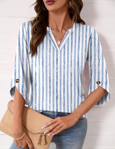 Kistore 3/4 Length Sleeve Shirts for Women Casual Spring Tunic Tops Work Blouses Blue White Stripes L