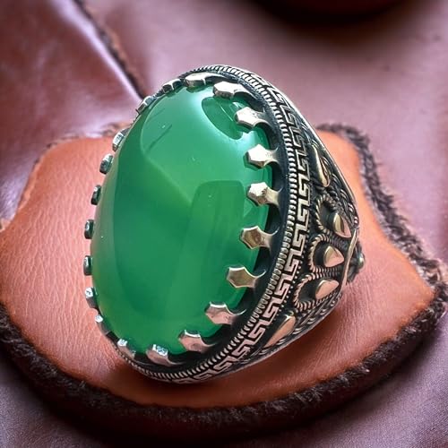 Big Stone,Yemen's Verdant Beauty Large Green Agate Ring in 925 Sterling Silver,Authentic Yemeni Agate Stone in 925 Silver - Statement Piece عقیق یمانی (11.5)