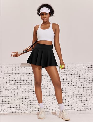 PINSPARK Women Pleated Tennis Skirt High Waist Golf Skorts with 2 Pockets Pickleball Skirts with Inner Shorts Black M