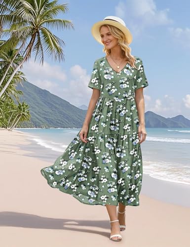 YESNO Women's Summer Maxi Dresses Casual Floral Short Sleeve V Neck Boho Beach Vacation Swing Dress with Pockets 2XL EVF CR469