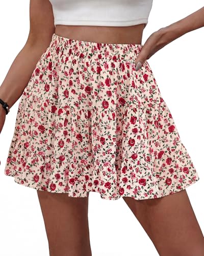 BTFBM Summer Skirts for Women 2026 Floral High Waist Shorts Underneath Boho Tiered Flowy Tennis Skorts Casual Mini Skirt(Floral Apricot Red, Small)