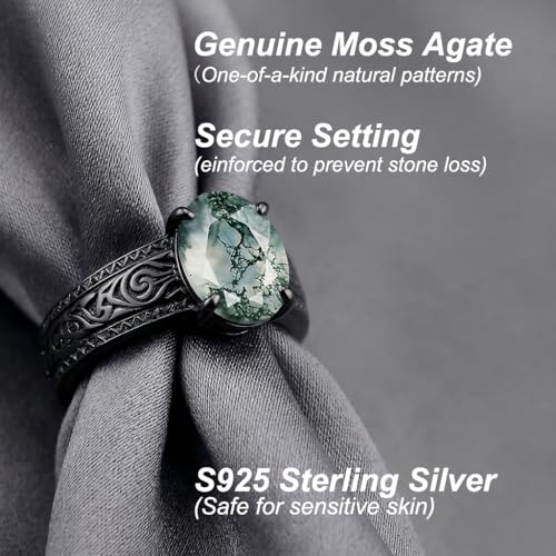 QHQPQ Mens Wedding Band 10K Gold Black Moss Agate Ring 925 Sterling Silver Moss Agate Engagement Ring Gothic Rings Birthday Christmas Gift for Boyfriend Father