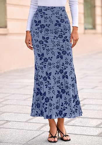 BTFBM Womens Floral Mesh Maxi Skirt 2026 Spring Summer Elastic High Waisted Boho Elegant Mermaid Long Skirts for Women(Dusty Blue, Medium)