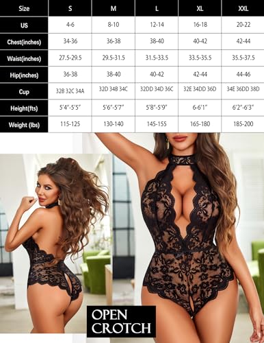 Avidlove Lingerie for Women Halter Lace Bodysuit V Neck Teddy One Piece Babydoll Nightgown Black XL