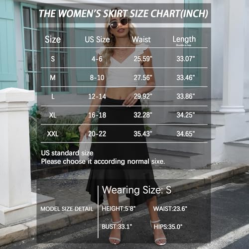 YSYOKOW Midi Skirts for Women High Waisted Asymmetrical Handkerchief Hem Fold Over Waist Flowy Casual Summer Soft Knit Skirt - Black, X-Large