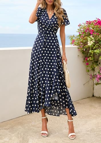 PRETTYGARDEN Women's Boho Floral Maxi Dress Summer Short Sleeve Wrap V Neck Long Flowy Beach Vacation Wedding Guest Dresses (Dot Navy White,Large)