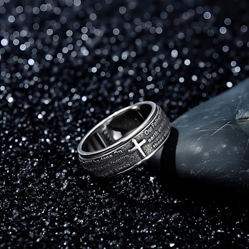 Lattd Cross Ring for Men 925 Sterling Silver Our Father Prayer Spinner Band Rings Size 10 Christian Jewelry for Dad
