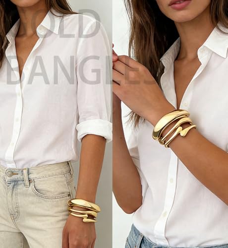 Chunky Gold Bangle Bracelets for Women, Dainty 14k Gold Plated Big Stackable Bangles Set, Trendy Cuff Bracelet Stack Non Tarnish Summer Beach Jewelry Valentines Gifts for Wife Mom