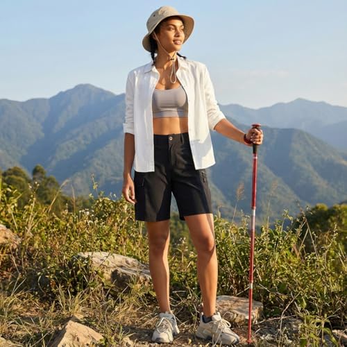 Oalka Women's Hiking Cargo Shorts Bermuda Lightweight Golf Camping 9" Long Shorts with Pockets Quick Dry Black L