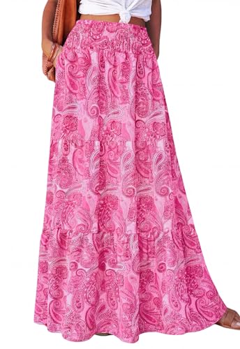 PRETTYGARDEN Floral Summer Long Skirts for Women Trendy Cruise Outfits High Waist Bohemian Beach Vacation Flowy Maxi Skirt (Pink Floral, X-Large)