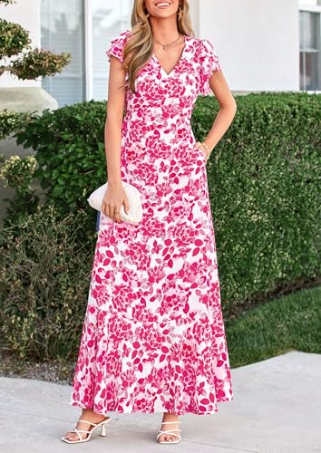 PRETTYGARDEN Spring Dresses for Women 2026 Summer Boho Floral Ruffle Short Sleeve Flowy Beach Wedding Guest Maxi Long Dress(Rose Red Floral,Medium)