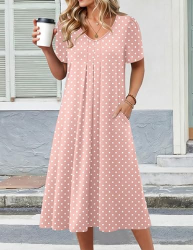 Zeagoo Pink Midi Dress Womens Casual Summer Dresses V Neck A Line Dresses Womens Beach Vacation Dress Womens Short Sleeve Sundresses Pink Dot XXL