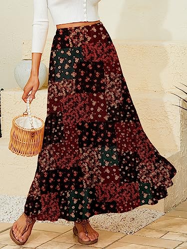 NASHALYLY Women's Chiffon Elastic High Waist Pleated A-Line Flared Maxi Skirts(Flower-215,L)